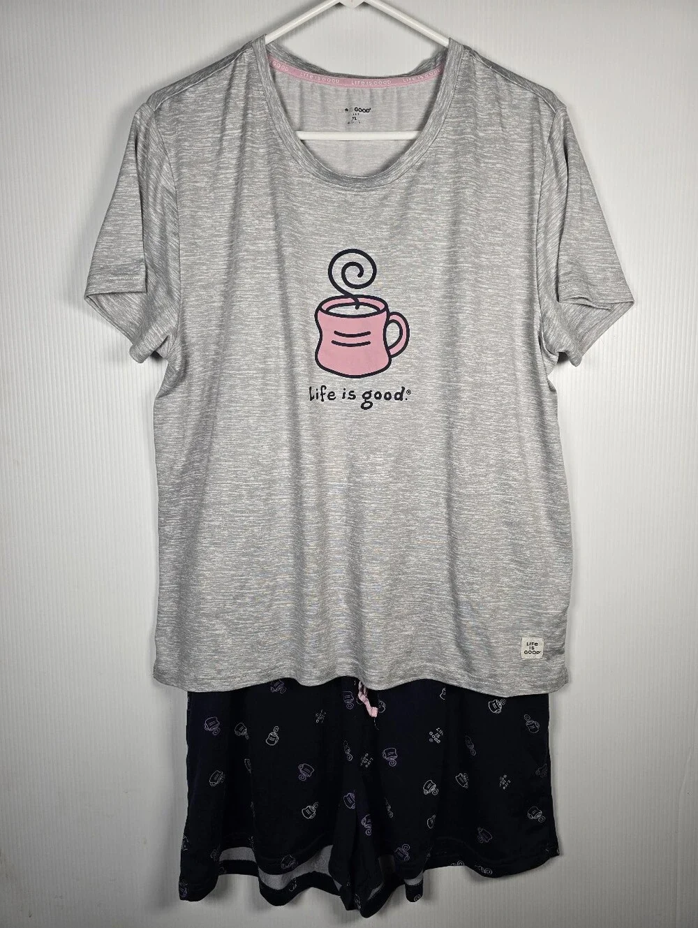 Life Is Good Heather Gray Top and Navy Mug-Print Shorts 2pc. Set Size XL - Picture 1 of 10